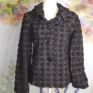 Per Una Womens Size 14 Black Textured Jacket With Ruffled Collar & Button Detail